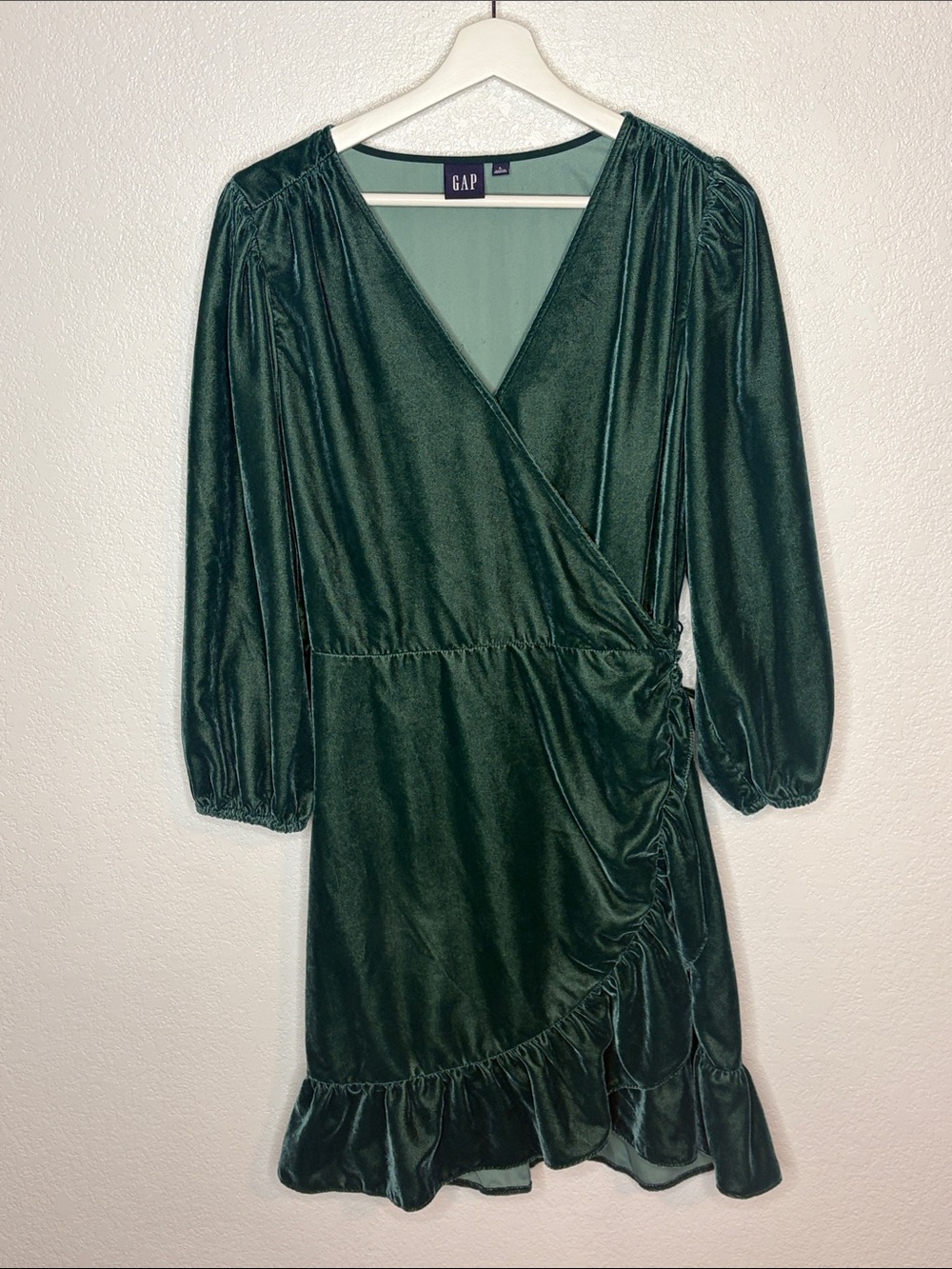 Gap Forest Green Velvet True Wrap Mini Dress Ruffle Hem Size Large Holiday